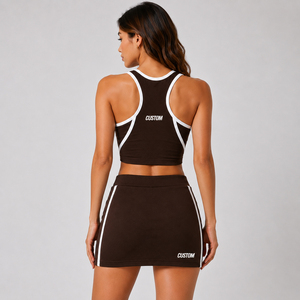 Breathable <b>Knitted</b> Spandex Polyester Spring Summer Wear Custom Logo Crop Top and Skirt <b>Set</b> Ribbed <b>Knit</b> Two Piece Fashion - Product Image 4