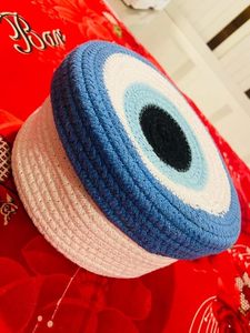 Panier de rangement œil porte-bonheur torsadé avec couvercle, rond, bleu et blanc, en corde de coton tressée, pour la décoration intérieure et le rangement - Product Image 3