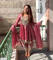 Ensemble Salwar Kameez en Soie Viscose Rose, Robe Traditionnelle Moderne Indienne et Pakistanaise pour Femme, Infroissable, Broderie Lourde, Idéal Diwali
