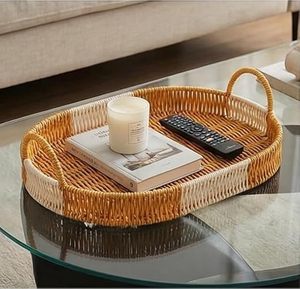 Rattan Oval Serving Tray Handwoven Wicker Breakfast Tray Decorative <b>Basket</b> Tray for Kitchen Dining Coffee <b>Table</b> Home Decor - Product Image 6