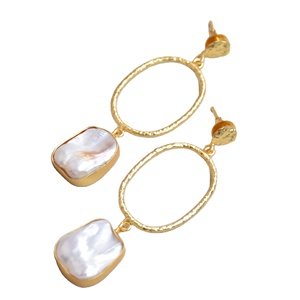 Artisan Pearl <b>Drop</b> <b>Earrings</b> With Fine Gemstone Pearl Shiny <b>Gold</b> Coating And Handcrafted Quality Made Jewelry - Product Image 4