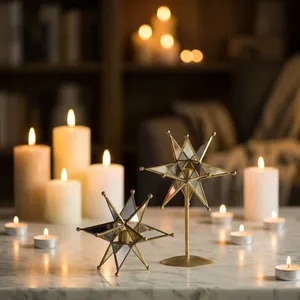 Wholesale Brass <b>Star</b> Shape <b>Mirror</b> Glass Candlestick Holder for Christmas Home Decoration - Product Image 3