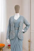 Ensemble de sari en crêpe de soie bleu clair brodé, prêt à porter, avec chemisier et veste pour mariage ou fête