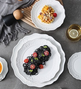 White ceramic Dinnerware <b>Sets</b> with Embossed blooming flower Pattern and wavy edges smooth Underglaze texture restaurants homes - Product Image 6