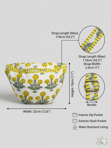 Sac bandoulière en coton matelassé à fleurs jaunes |   Sac fourre-tout demi-lune imprimé à la main de haute qualité, sac banane artisanal, chef-d'œuvre fait main - Product Image 5