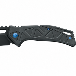 Black Folding <b>Pocket</b> Knives with Geometric Textured Handle Blue Pivot <b>Screws</b> and Slotted Pointed Blade for Outdoor Utility Use - Product Image 3