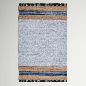 Tapis rectangulaire en jute tissé plat rayé, style scandinave, écologique, pour salon, bleu beige gris, bord frangé - Product Image 1