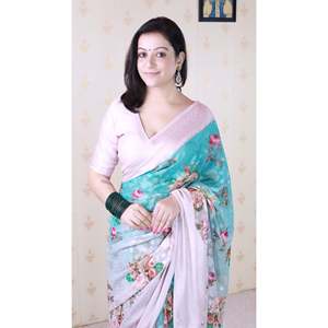 Sari en Georgette Imprimé Floral Bleu Ciel Elite Weaves, Robe de Soirée Douce Tissée Zari 450g - Product Image 4