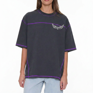 T-shirt surdimensionné gris foncé à manches courtes avec broderie logo aile et bordure contrastante, en jersey de coton décontracté pour homme, col rond - Product Image 5