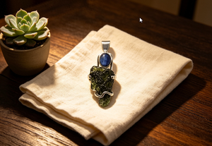 Pendentif en Moldavite et Saphir Bleu, Argent 925, Bijoux Modernes en Pierres Précieuses - Product Image 4