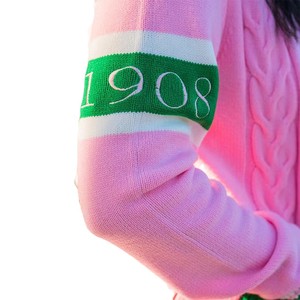 Suéter de punto de lana/acrílico con cuello en V y doble botonadura, bordado personalizado al por mayor, Delta Greek Sigma Theta, para mujer, verde y dorado - Product Image 4