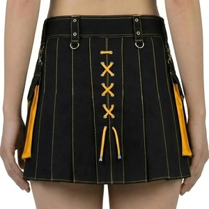 Women's Black And Yellow Lace-Up <b>Mini</b> Skirt With Pockets Polyester Material Slim Fit Adult European Clothing - Product Image 3