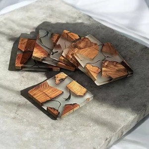 Handmade Round Wood & Smoky Grey Epoxy Resin <b>Coaster</b> Set with Modern Design and Cork Backing REHMAN CRAFT - Product Image 2