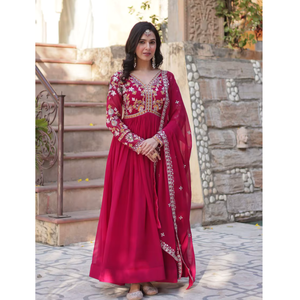 Luxe Blooming Silk Maxi Dress Zari Thread <b>Flared</b> Gown <b>Sequin</b> Pattern Border Wrap V Neck Stitched Women Indian Ethnic Set - Product Image 1