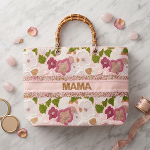 กระเป๋าโท้ทปักลายดอกไม้สีชมพูหรูหราพร้อมตัวอักษร Mama ใช้ได้ทุกวันทุกฤดูกาล - Product Image 1