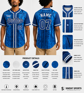 Maillot de baseball personnalisé SINEWY SPORTS unisexe à manches courtes, impression sublimée, tissu respirant en spandex/coton, équipe Rustlers Varsity - Product Image 1