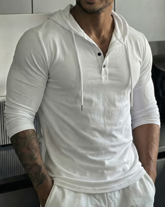 Unisex White Hooded Long Sleeve Henley Sweatshirt Slim Fit Casual Knitted 100% Cotton Breathable Autumn Wear Made in Guizhou - Product Image 1