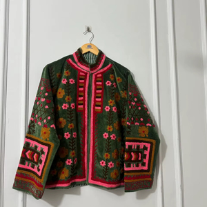 Chaqueta Azul de Terciopelo Suzani, Tejida, Transpirable, Bordada a Mano, Estilo Bohemio, Étnica, para Festivales - Product Image 1