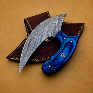 Couteau de chef Ullu en acier Damas forgé à la main, style Viking, manche en bois bleu, étui en cuir, lame ambidextre, 4-5,9 pouces - Product Image 1