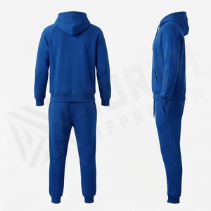 Men's Blue Hooded <b>Tracksuit</b> Solid Color Casual Sportswear Full Length Drawstring Pants 100% Cotton Midweight Regular Fit - Product Image 2