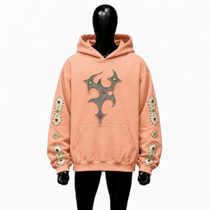 Sudadera con Capucha Oversize Gótica Color Melocotón con Diseño de Cruz con Tachuelas y Detalles de Pedrería en las Mangas, Estilo Urbano Unisex - Product Image 1