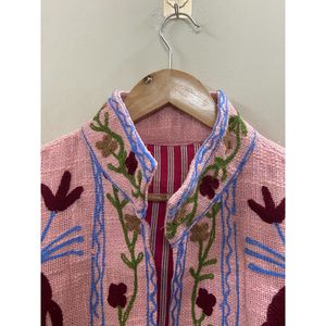 Chaqueta con bordado floral para mujer, cuello mandarín, manga larga, abrigo abierto de otoño, diseño hecho a mano - Product Image 2