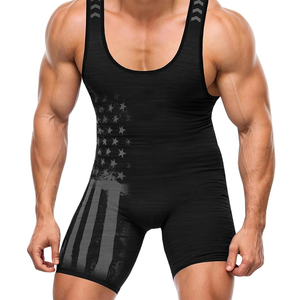Combinaison de lutte noire pour homme, ajustée, en spandex et polyester, anti-humidité, imprimé drapeau américain, vêtements de sport de combat - Product Image 2