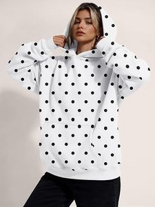 Whiteblack <b>Oversized</b> <b>Hoodie</b> <b>White</b> Polka Dot Print Cotton Pullover Sweatshirt with Pockets Regular Fit Autumn Wear - Product Image 5