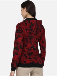 Sudadera con Capucha y Cremallera para Mujer, Estampado Floral Rojo, Corte Regular, Tejido de Poliéster, Estilo Otoñal - Product Image 3