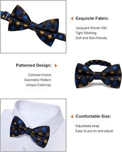 Nœud Papillon Pré-Noué à Carreaux pour Homme en Polyester – Tenue Formelle – Motif Bleu, Or, Noir – Accessoire de Mode Durable - Product Image 3