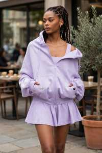 Ensemble sweat à capuche zippé oversize lavande pour femme, jupe à volants, tenue décontractée trois pièces en polaire respirante à manches longues pour l'hiver - Product Image 4