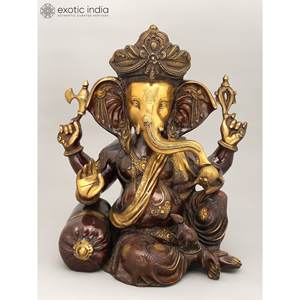 รูปปั้นพระพิฆเนศสี่แขน20นิ้วที่สง่างามรูปปั้นทองเหลืองประติมากรรม pagdi ที่น่าประทับใจ - Product Image 2