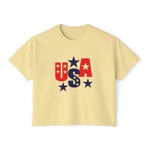 Women's USA Stars Solid <b>Vintage</b> Boxy T-Shirt 100% Cotton Crew Neck Short Sleeve Patriotic Casual Streetwear Logo Breathable <b>Tee</b> - Product Image 1