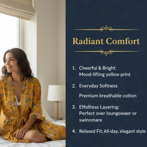 Bata de algodón con estampado floral amarillo, cuello en V, manga larga, estilo kimono, bata de baño larga con bolsillos y cinturón con cordón. - Product Image 4