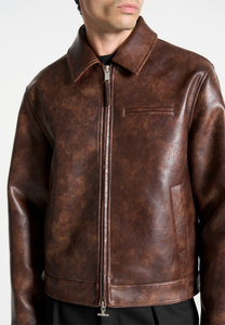 Chaqueta Bomber de Cuero Genuino Marrón para Hombre, Cuello Camisero, Cierre de Cremallera, Estilo Casual de Otoño, Corte Regular - Product Image 5