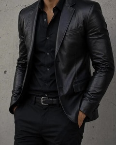 Blazer en cuir noir pour homme, veste en cuir d'agneau véritable - Product Image 4