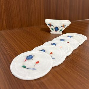 White Marble <b>Coaster</b> <b>Set</b> of 6 with Holder Decoration & Accessories Marble Tea <b>Coaster</b> for Office Table from Indian Supplier - Product Image 2