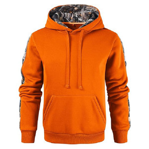 Sweat-shirt à capuche en molleton orange personnalisé pour homme, avec manches camouflage et capuche intérieure, idéal pour la chasse, les activités de plein air et le streetwear. - Product Image 1