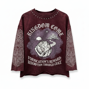 เสื้อยืดแขนยาว Kingdom Come Gothic ทรงโอเวอร์ไซส์สำหรับผู้ชาย ลายกราฟิกพร้อมลายเรขาคณิตพิมพ์ด้านหน้า ดีไซน์คอกลม - Product Image 1