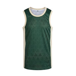 Maillot de basket-ball vert foncé à panneaux crème, col rond, en maille polyester respirante, sans manches, pour uniforme d'équipe - Product Image 1
