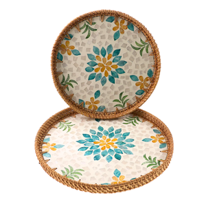 Premium Mother Of Pearl Rattan <b>Tray</b> <b>Round</b> Blue Yellow Floral Mosaic Wicker Serving Baskets <b>Table</b> Decor Wholesale - Product Image 2