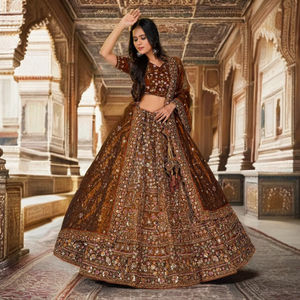 ชุดเลเฮนกาโชลีปักเลื่อมหนัก กระโปรงทรงบาน เสื้อดีไซเนอร์ ผ้าคลุมไหล่เข้าชุด สำหรับงานแต่งงาน - Product Image 1