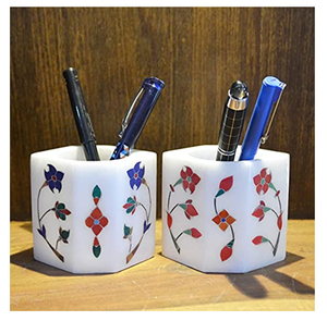 Porte-stylos et porte-crayons rectangulaire fait main en marbre blanc avec motif floral incrusté, pour organiser le bureau, lot de deux - Product Image 4