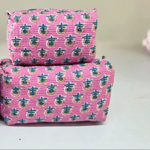 Ensemble de 3 trousses de toilette élégantes en coton faites à la main, pochettes à motifs imprimés, organiseur de maquillage de voyage pour usage quotidien - Product Image 1