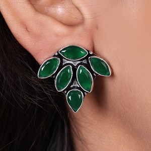 Antique <b>Silver</b> Plated Brass <b>Pearl</b> Stud <b>Earrings</b> Bezel Setting Bohemian Leaf Cluster Ethnic Party Fashion Jewelry for Women - Product Image 1