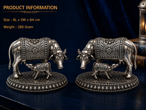 Paire d'idoles de vache et de veau en laiton 100% plaqué argent oxydé 999, Gau Mata Murti, pour Puja, décoration intérieure, cadeau spirituel pour l'inauguration de maison et Diwali - Product Image 3