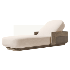 Chaise longue élégante en teck avec dossier bas réglable et détails en rotin tressé, lit de jour moderne pour l'extérieur, mobilier durable pour le bord de la piscine - Product Image 1