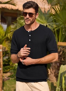 เสื้อยืดเฮนลีย์แขนสั้นถักสีดำสำหรับผู้ชาย ทรงปกติ สวมใส่สบาย ระบายอากาศได้ดี ผ้าฝ้าย 100% สีพื้น ดีไซน์คอกลม - Product Image 6