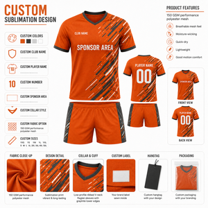 ชุดเสื้อและกางเกงฟุตบอลสีส้มแบบยูนิเซ็กซ์ ไซส์พลัส พิมพ์ลายดิจิทัล ระบายอากาศได้ดี แห้งเร็ว ผลิตจากโพลีเอสเตอร์รีไซเคิล - Product Image 5