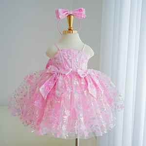 Robe de princesse en tulle jaune à fleurs pour filles, bretelles réglables, deux nœuds à la taille, grand nœud au dos, bandeau assorti, pour enfants - Product Image 1